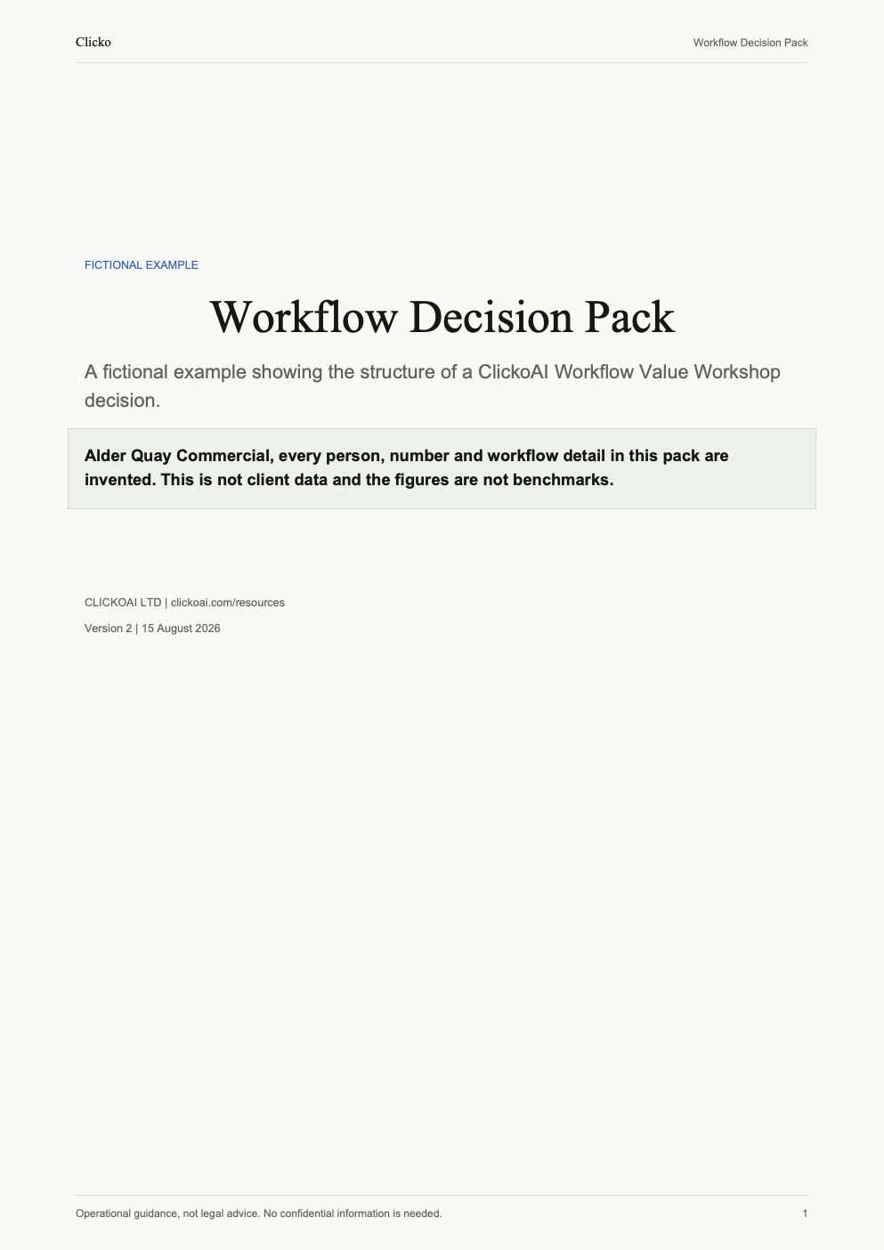 Page 1: Workflow Decision Pack cover, identifying Alder Quay Commercial as a fictional example, not client data or benchmarks.